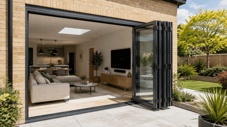 Open aluminium bifold doors leading from a living room to the garden
