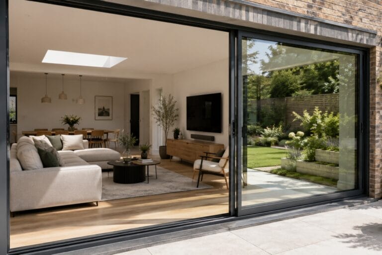 Sliding patio doors opening onto a garden